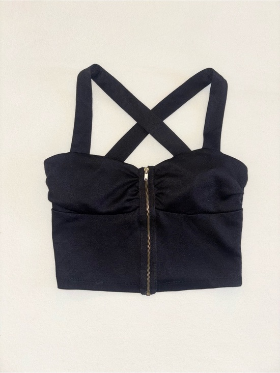 Windsor Tops - Windsor Small Black Ruched Bustier Crop Top Criss Cross Straps